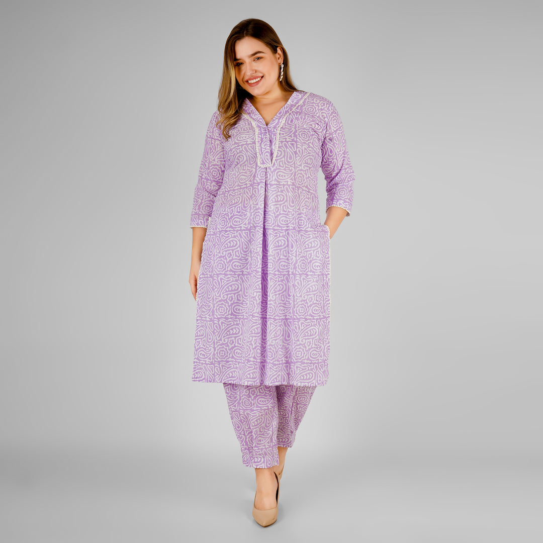 Lilac Hand-Block Print Kurti and Pant