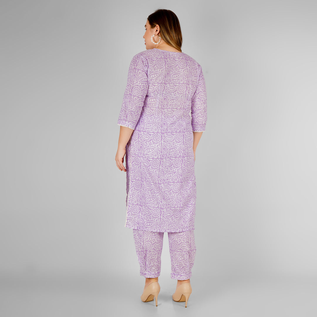 Lilac Hand-Block Print Kurti and Pant