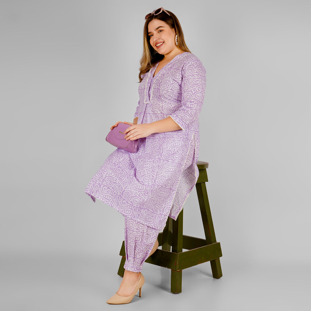 Lilac Hand-Block Print Kurti and Pant