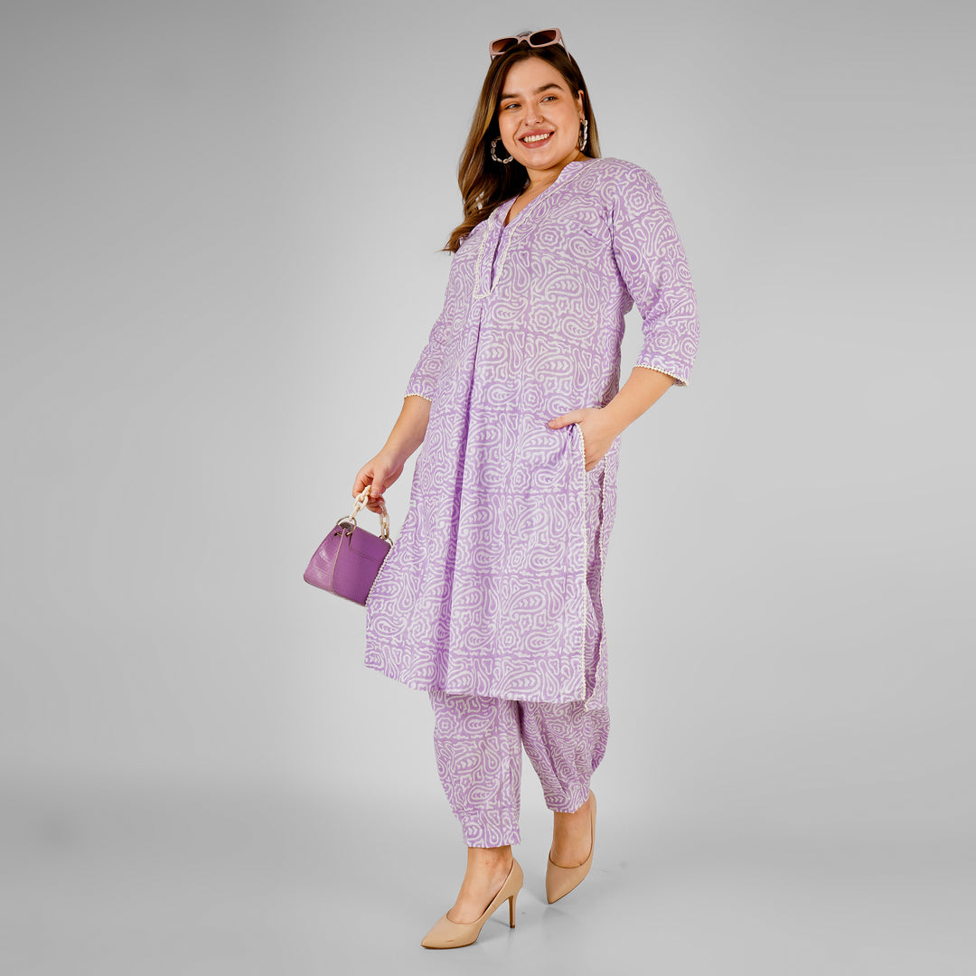 Lilac Hand-Block Print Kurti and Pant