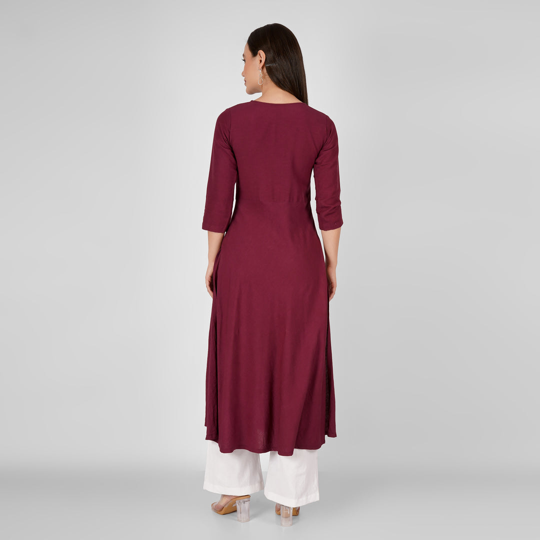 Wine Hand-Embroidered Kurti and Pant