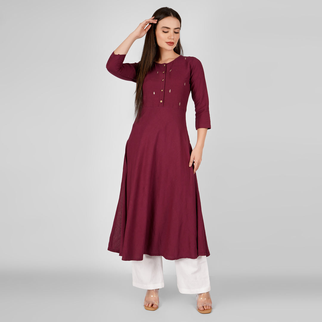 Wine Hand-Embroidered Kurti and Pant