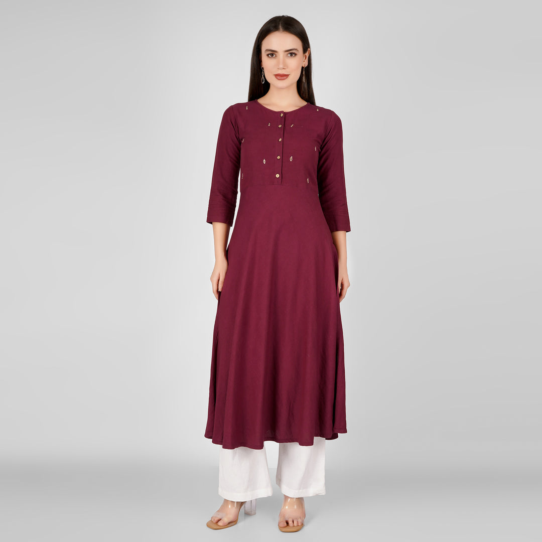 Wine Hand-Embroidered Kurti and Pant