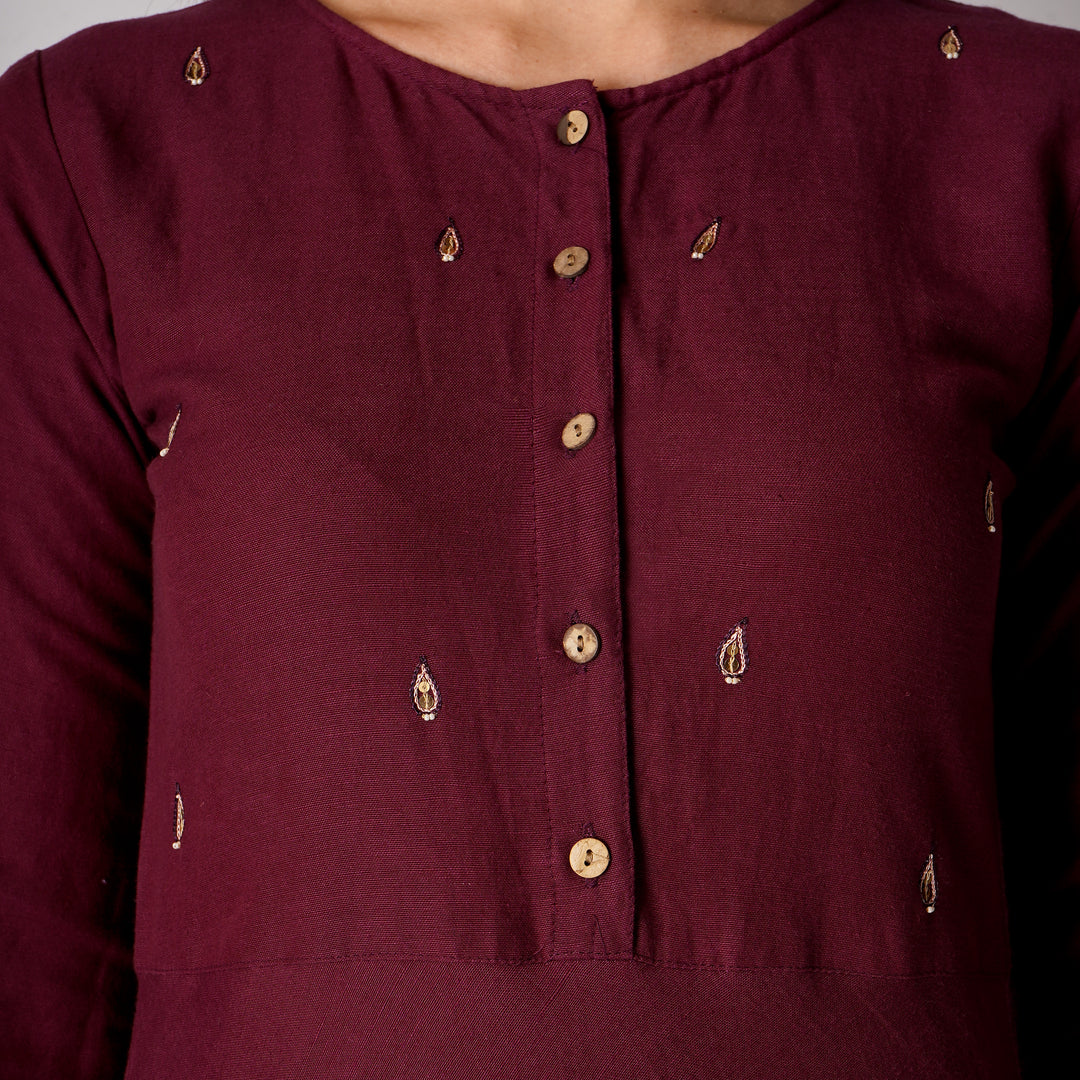 Wine Hand-Embroidered Kurti and Pant