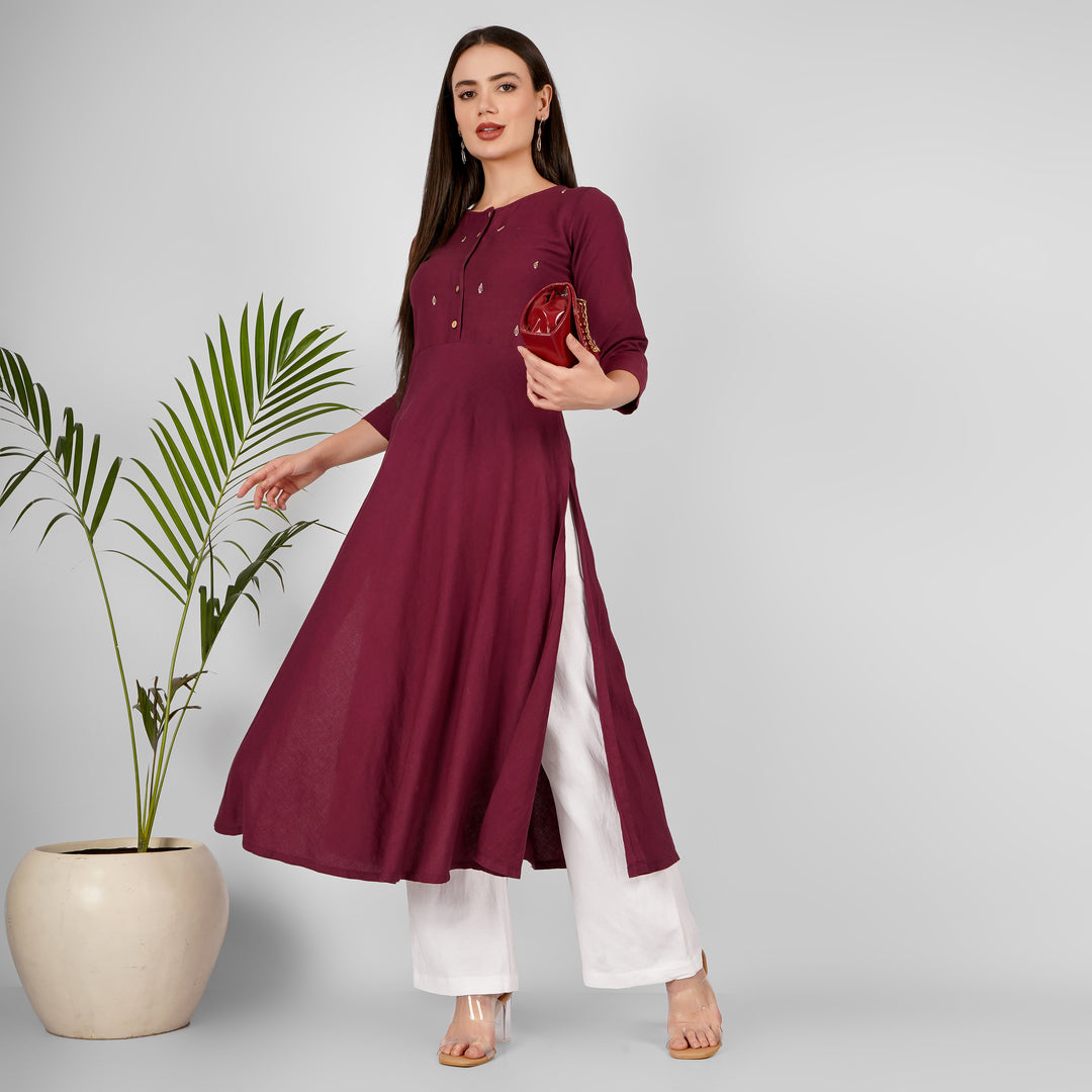 Wine Hand-Embroidered Kurti and Pant