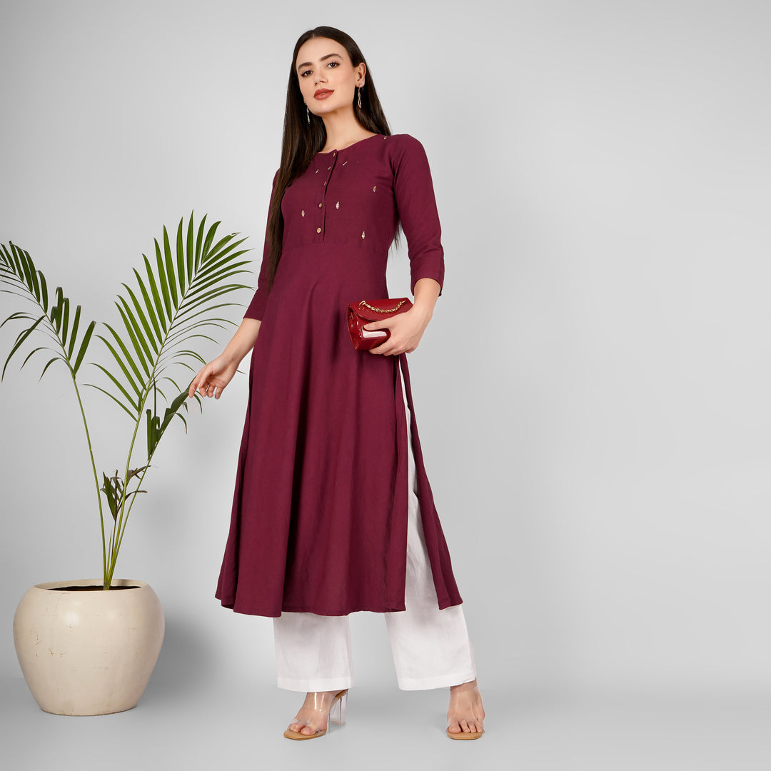 Wine Hand-Embroidered Kurti and Pant