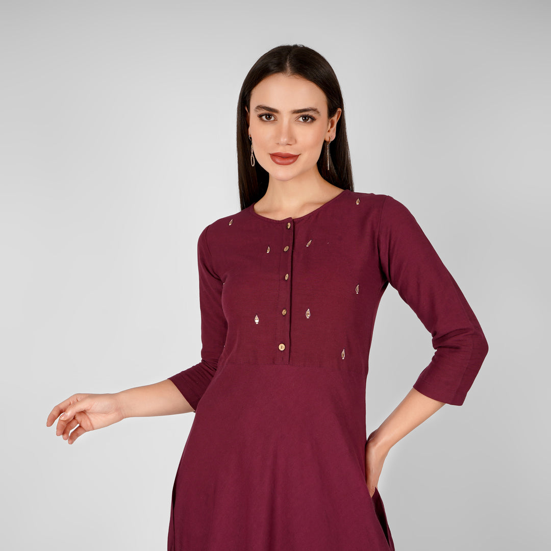 Wine Hand-Embroidered Kurti and Pant