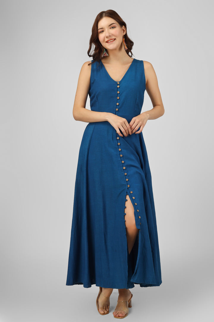 Blue Button-Down Maxi Dress