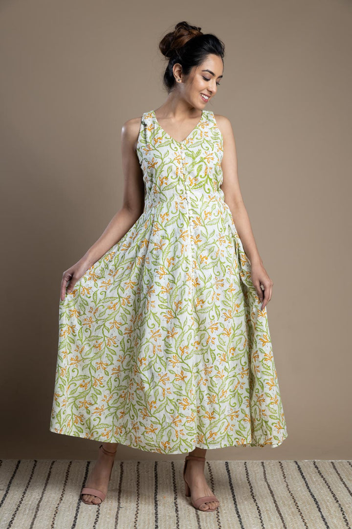 Leaf print cotton maxi dress