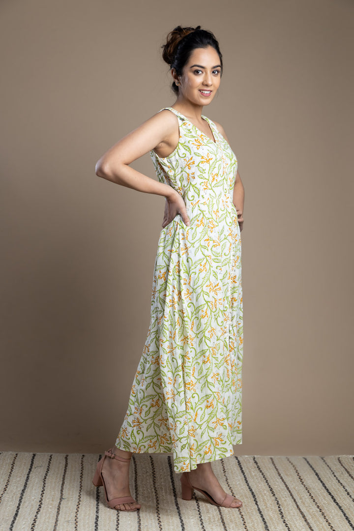 Leaf print cotton maxi dress