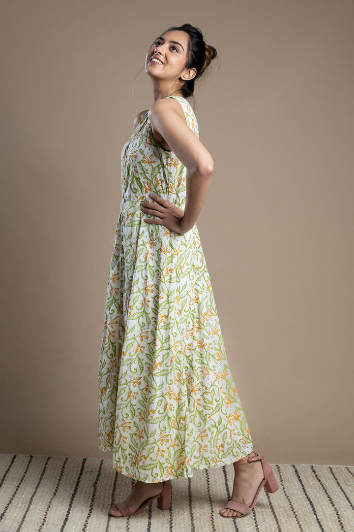 Leaf print cotton maxi dress