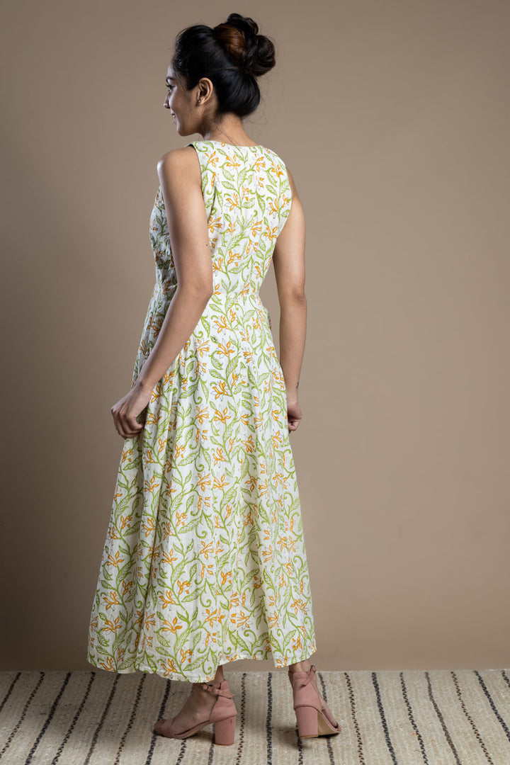 Leaf print cotton maxi dress