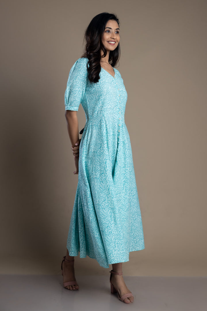 Blue Block Print Maxi Dress