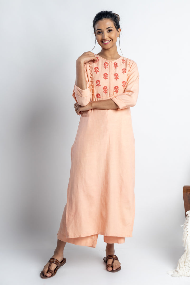 Peach Hand-Block Print Kurti and Pant