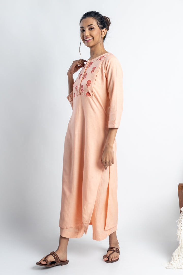 Peach Hand-Block Print Kurti and Pant