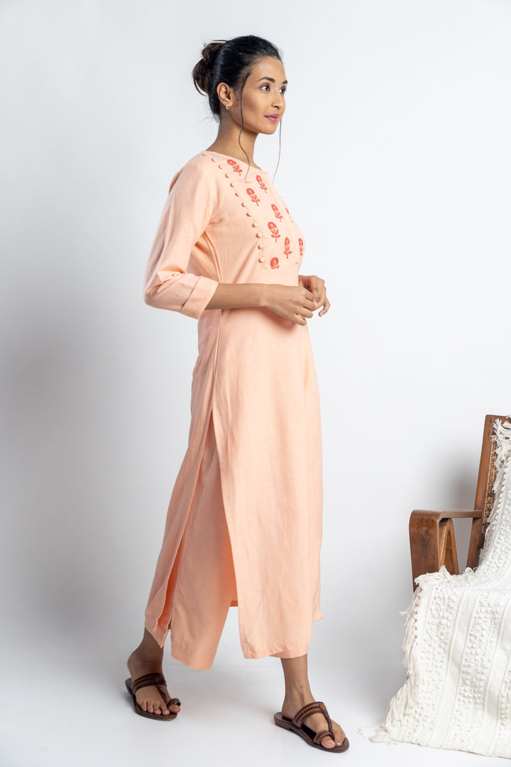 Peach Hand-Block Print Kurti and Pant