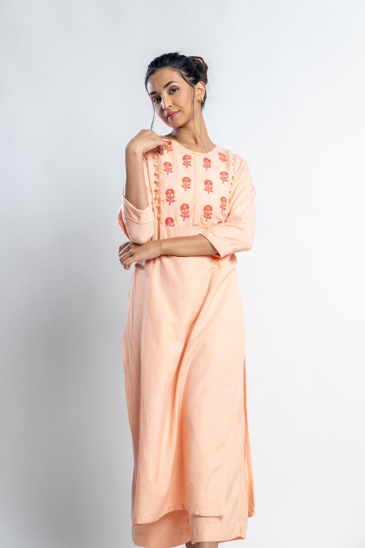 Peach Hand-Block Print Kurti and Pant