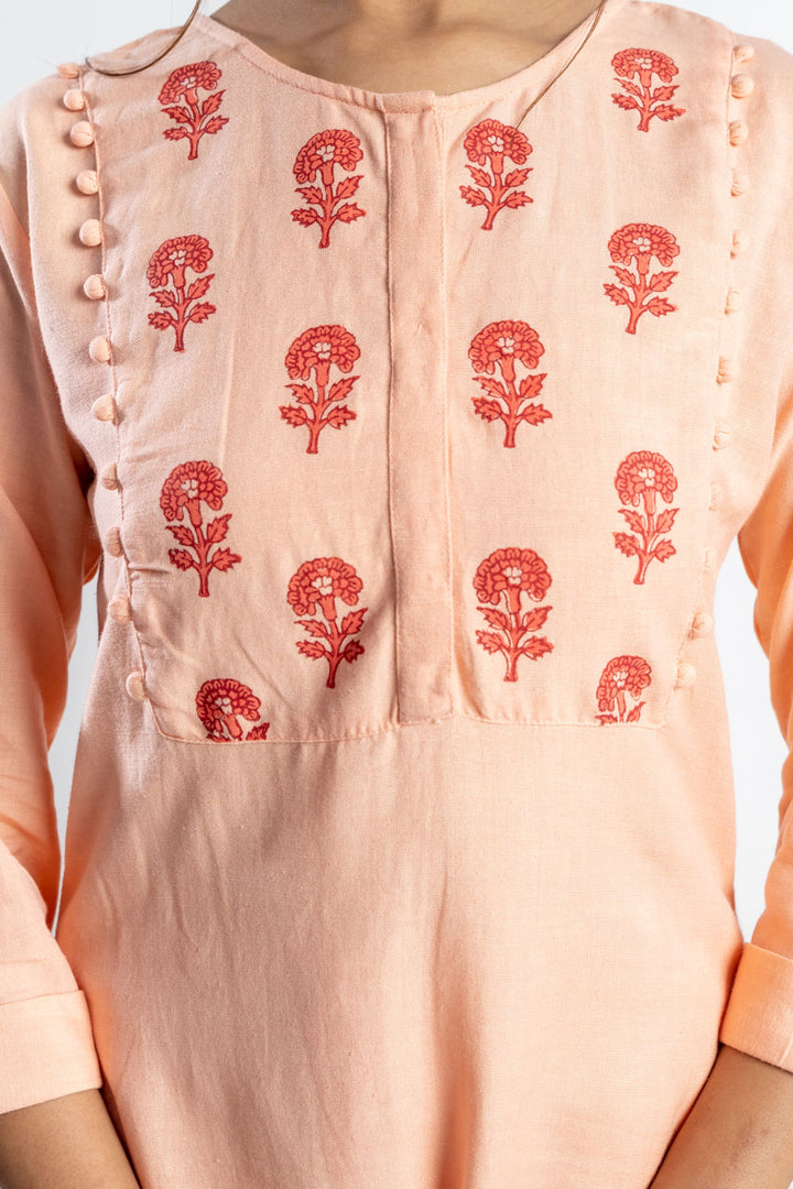 Peach Hand-Block Print Kurti and Pant