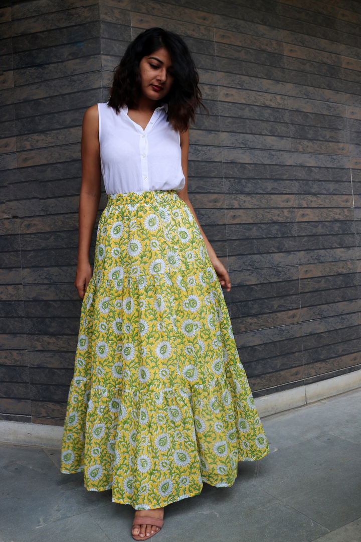 Yellow Hand-Block Printed Cotton Maxi Skirt