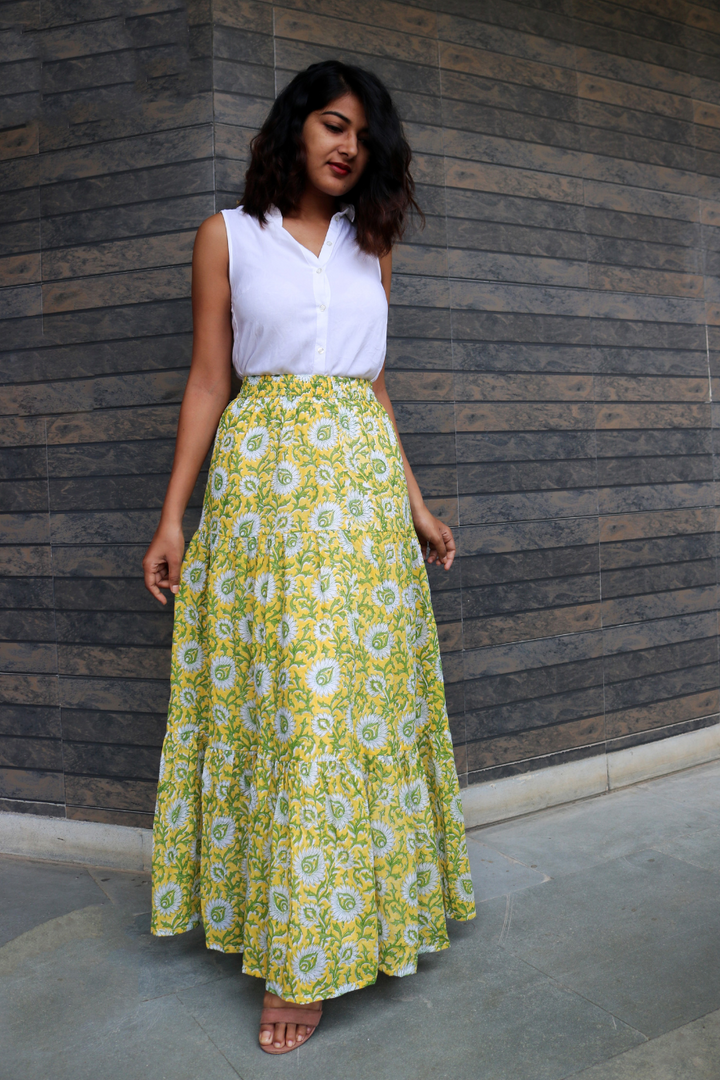 Yellow Hand-Block Printed Cotton Maxi Skirt