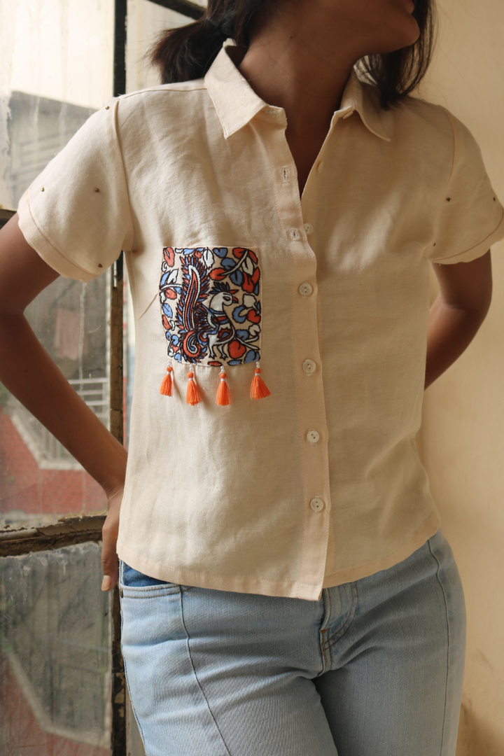 Off-White Shirt with Hand-Painted Pocket