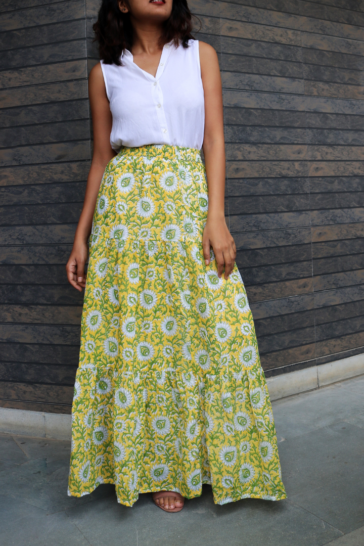 Blue Hand-Block Printed Cotton Maxi Skirt