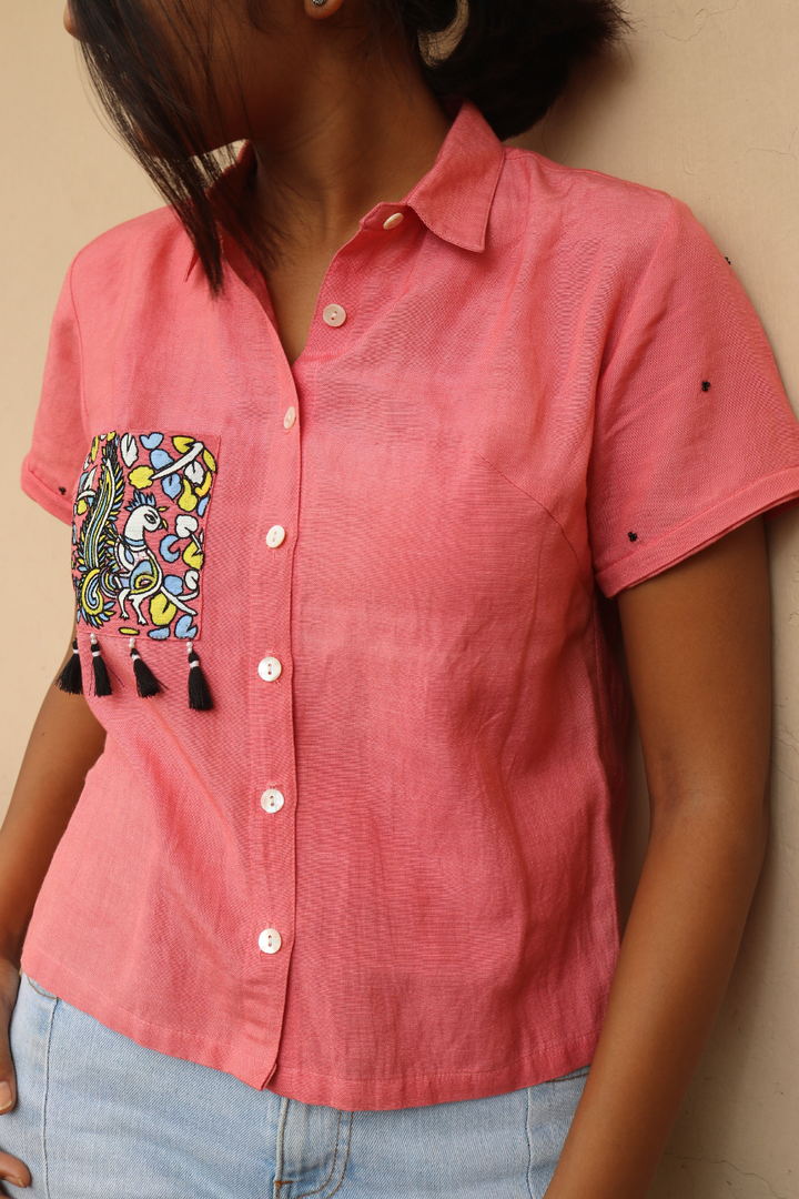 Pink Shirt with Hand-Painted Pocket