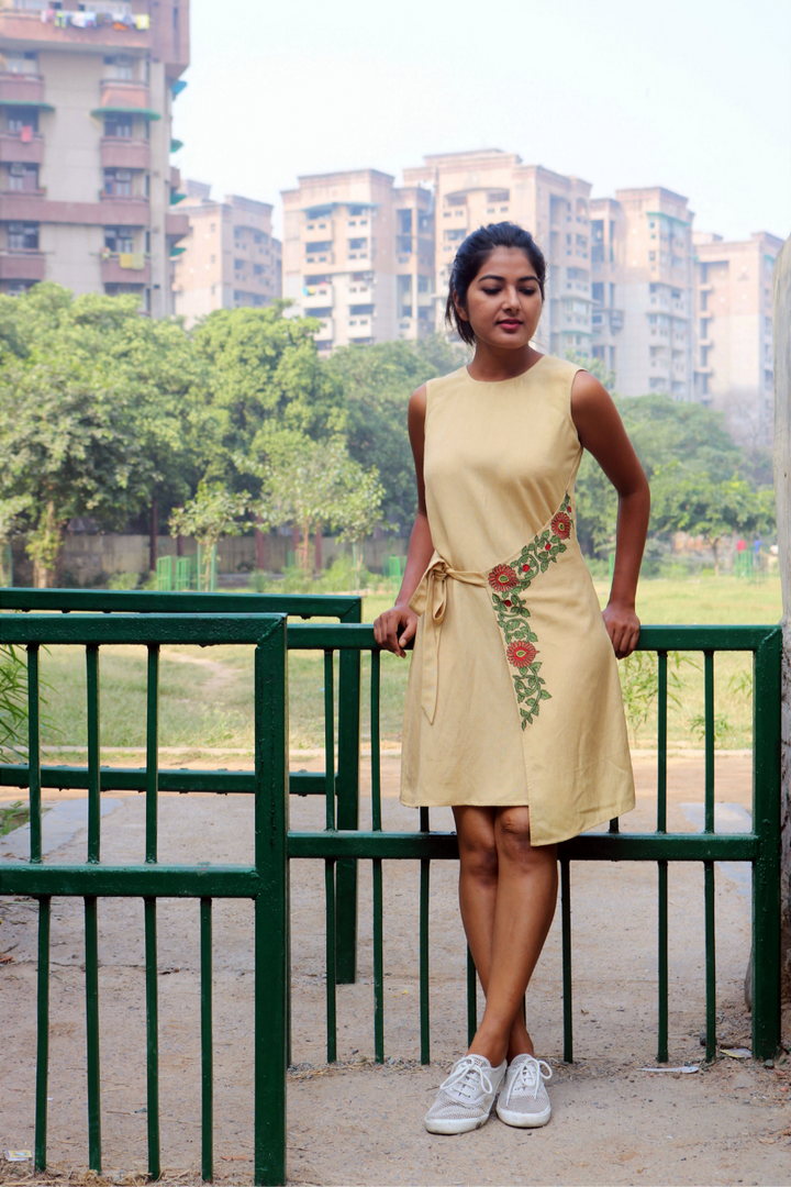 Beige Hand-Embroidered Wrap Dress