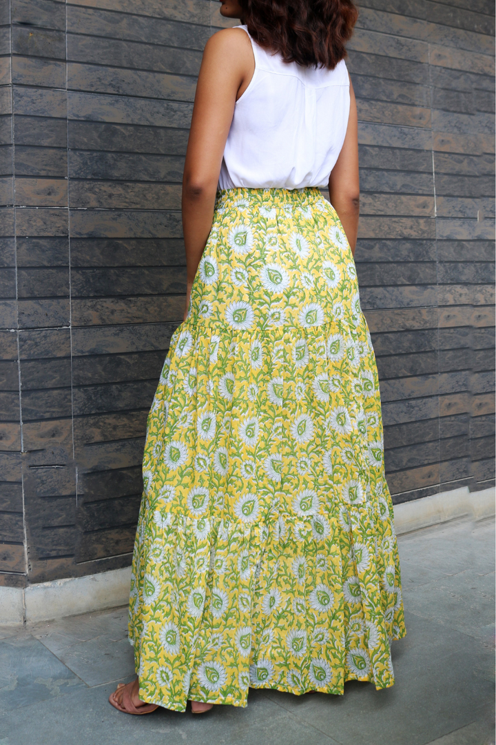 Yellow Hand-Block Printed Cotton Maxi Skirt