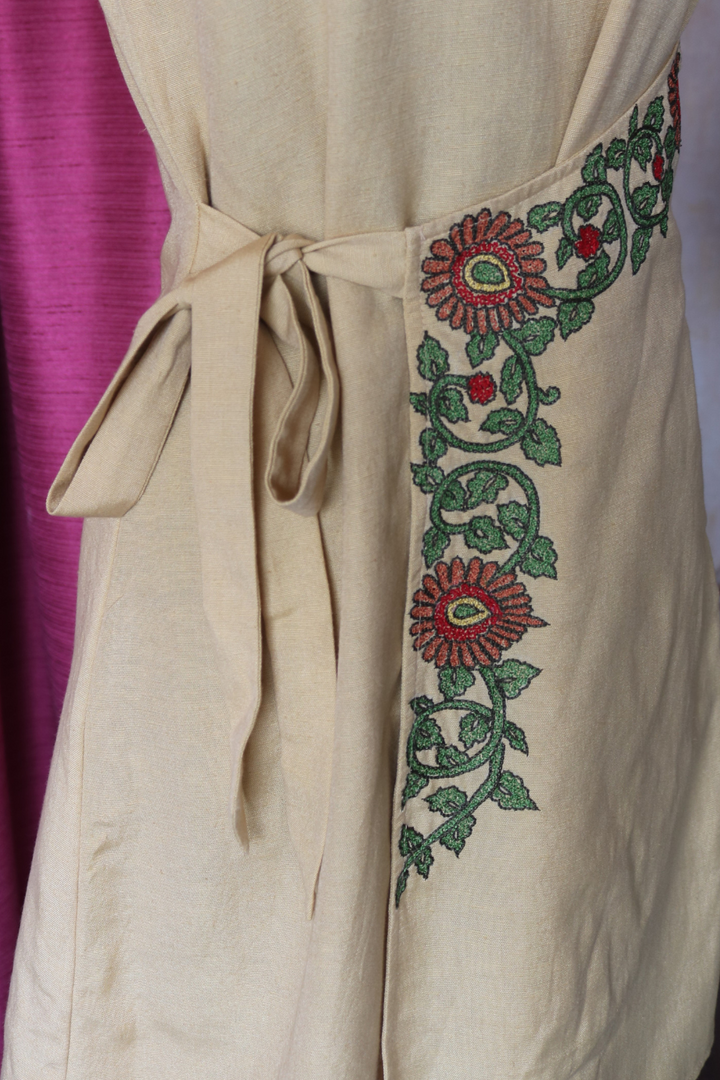 Beige Hand-Embroidered Wrap Dress