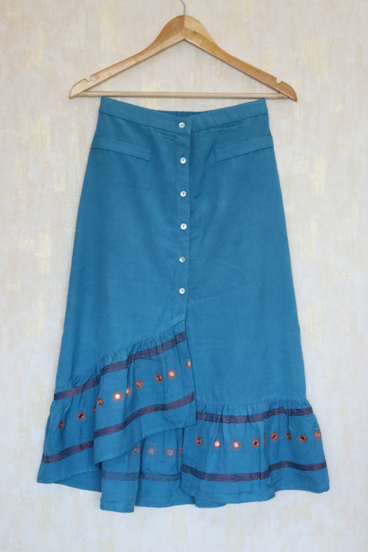 Turquoise Hand-Embroidered High-Low Skirt