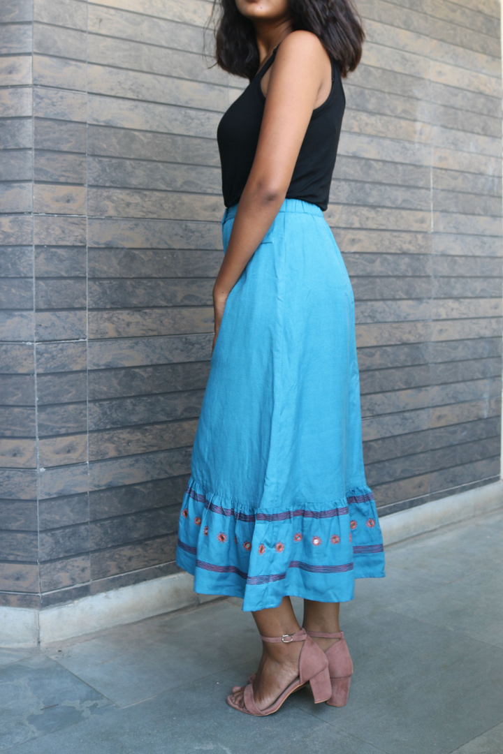 Turquoise Hand-Embroidered High-Low Skirt