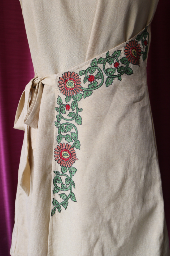 Beige Hand-Embroidered Wrap Dress