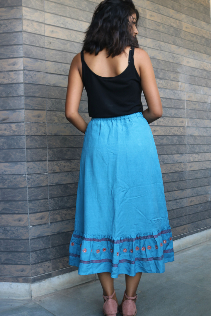 Turquoise Hand-Embroidered High-Low Skirt