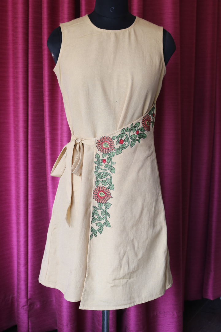 Beige Hand-Embroidered Wrap Dress