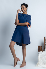 Load image into Gallery viewer, Navy Blue Mirror-work Dress with Tassels
