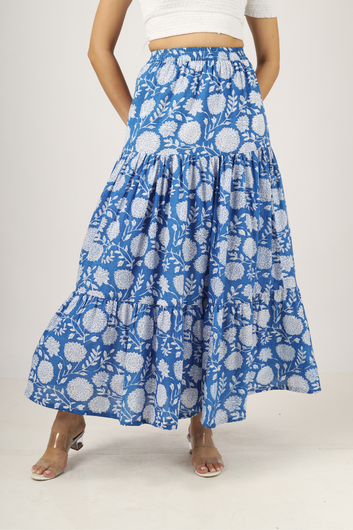 Blue Hand-Block Printed Cotton Maxi Skirt