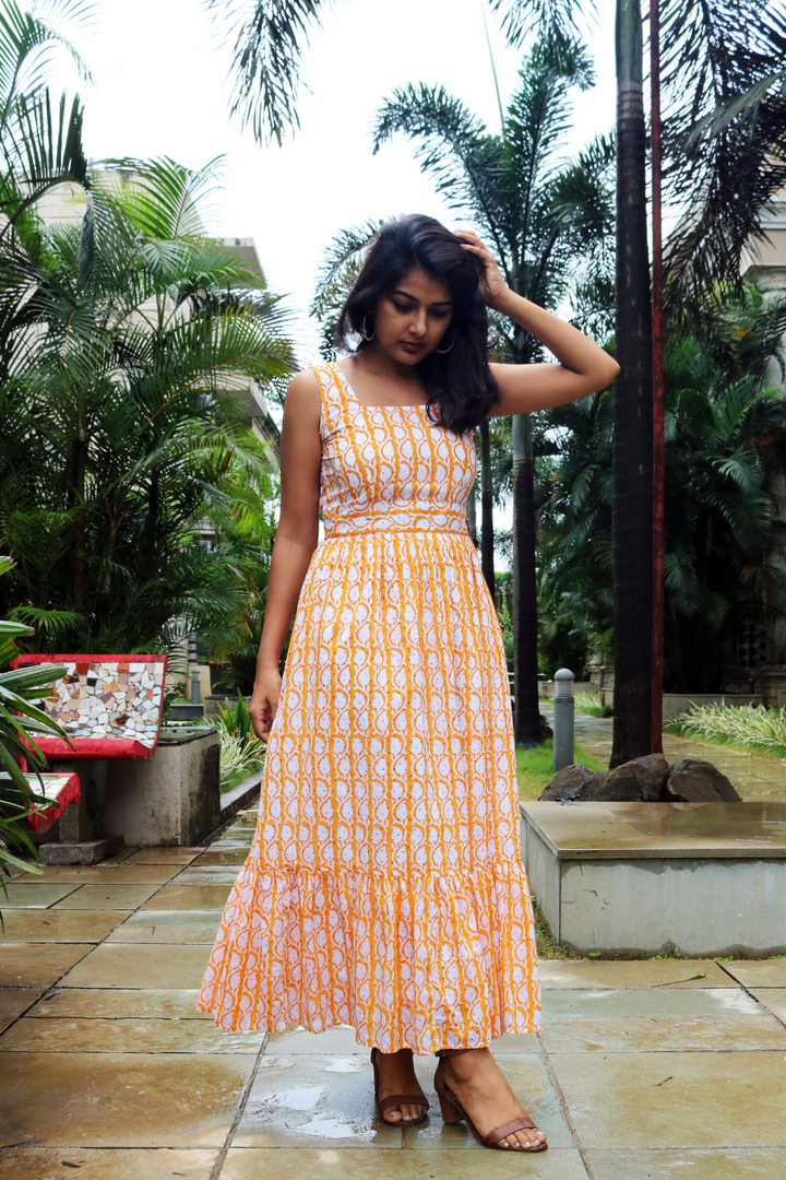 Orange Hand-Block Printed Maxi Dress