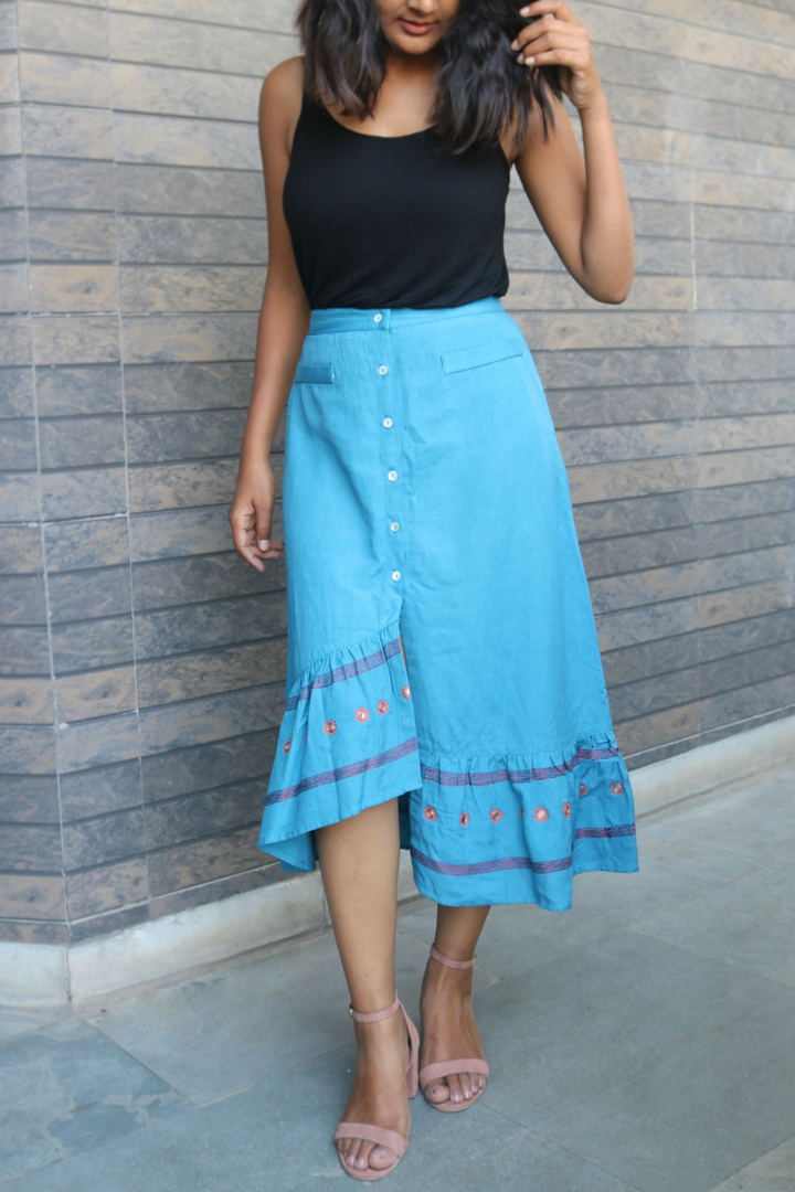 Turquoise Hand-Embroidered High-Low Skirt