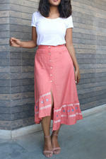 Load image into Gallery viewer, Peach Hand-Embroidered High-Low Skirt
