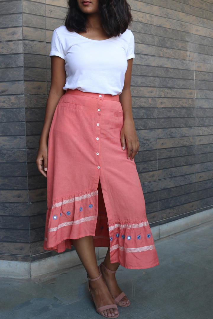 Peach Hand-Embroidered High-Low Skirt