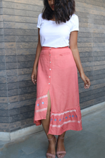 Load image into Gallery viewer, Peach Hand-Embroidered High-Low Skirt
