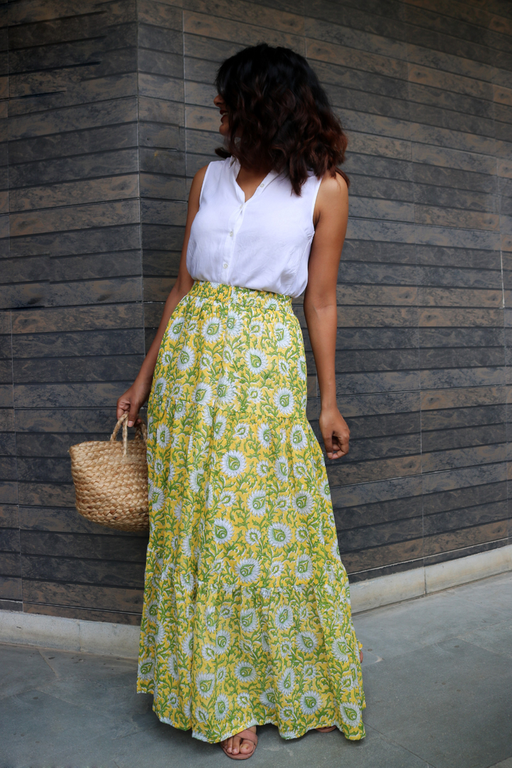 Yellow Hand-Block Printed Cotton Maxi Skirt