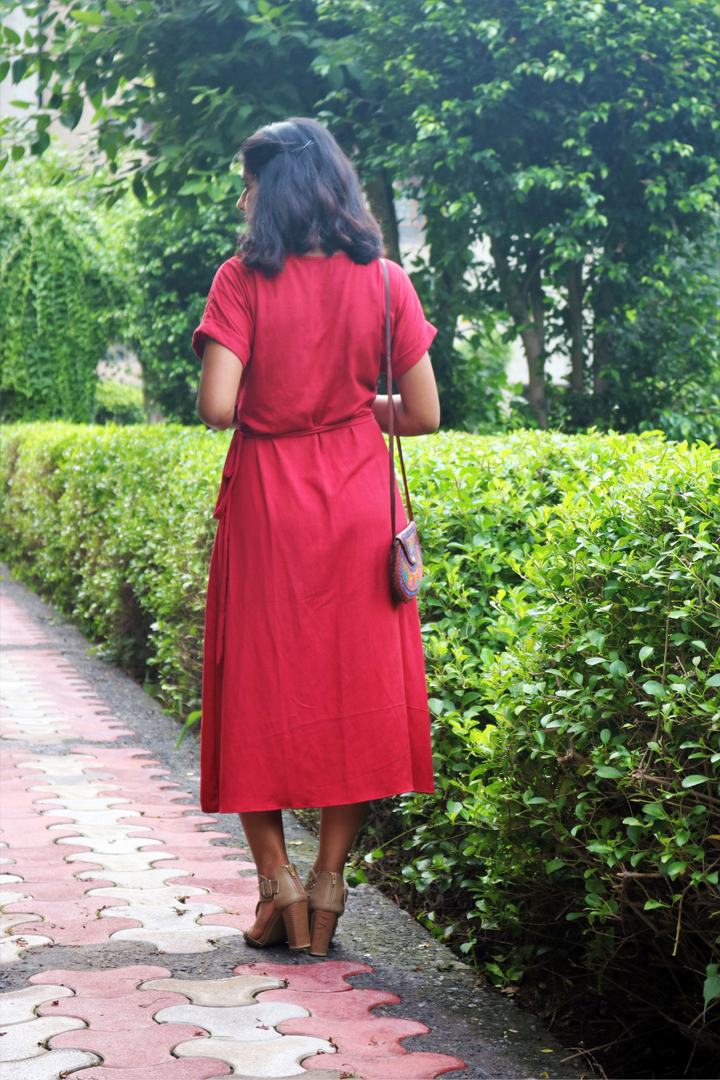 Red Hand-Embroidered Wrap Dress