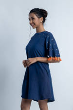 Load image into Gallery viewer, Navy Blue Mirror-work Dress with Tassels
