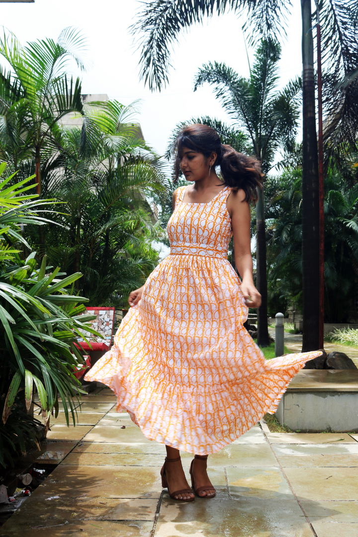 Orange Hand-Block Printed Maxi Dress