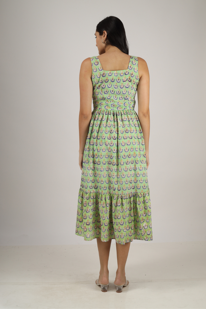 Green Hand-Block Printed Maxi Dress