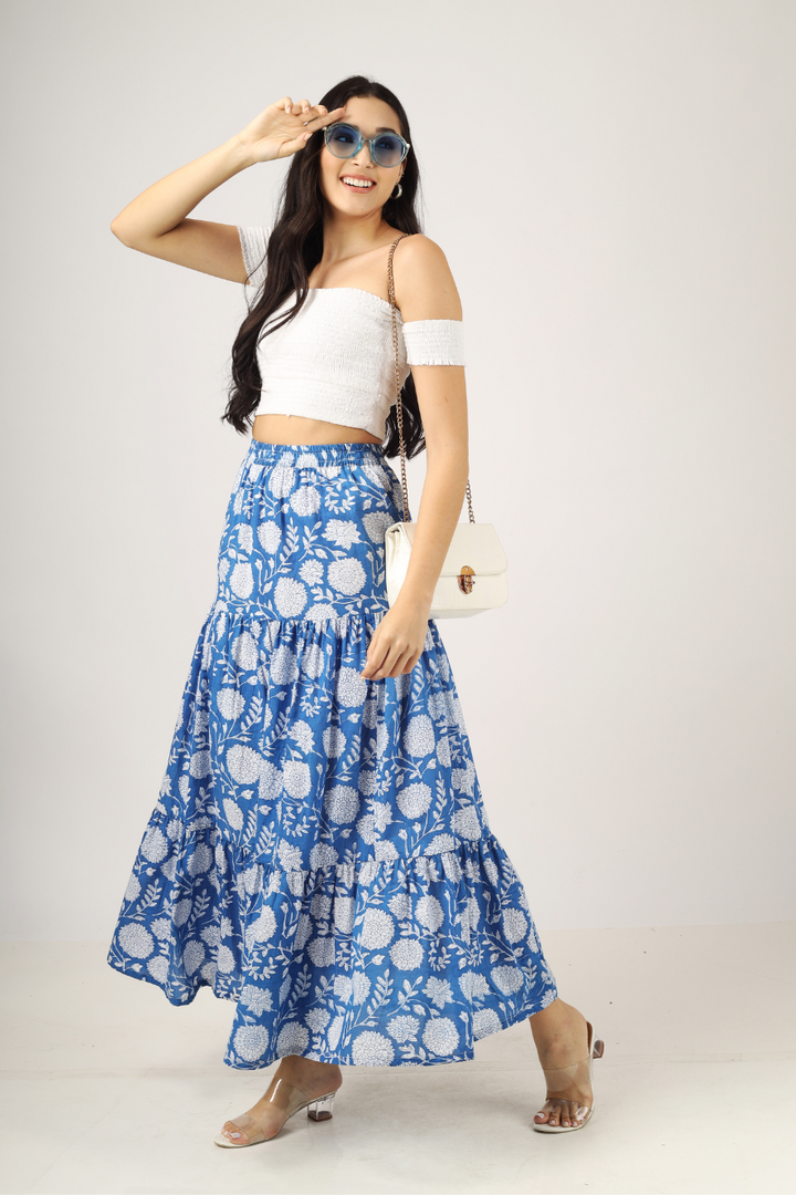 Blue Hand-Block Printed Cotton Maxi Skirt