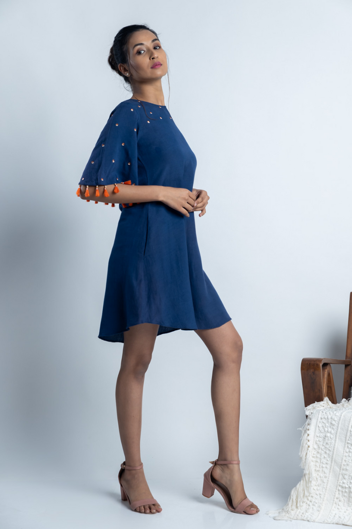 Navy Blue Mirror-work Dress with Tassels