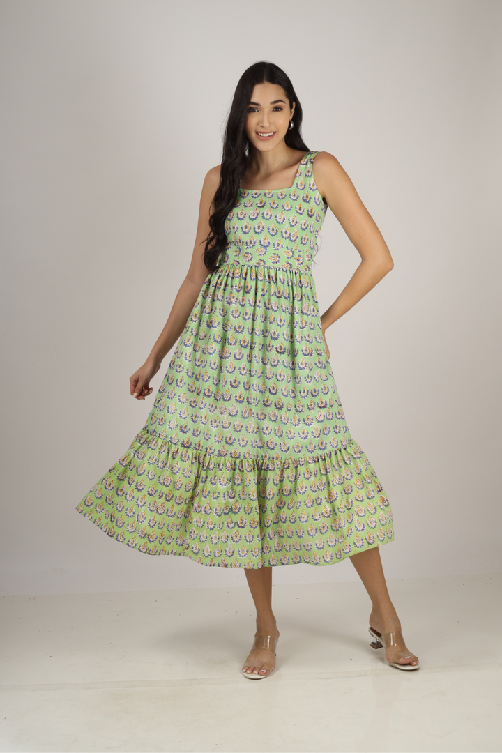 Green Hand-Block Printed Maxi Dress